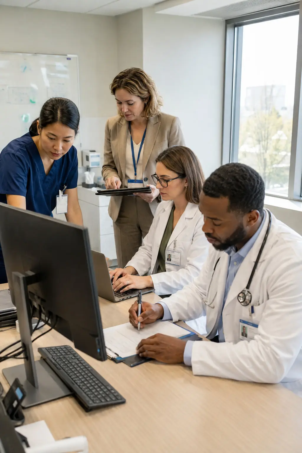 Multiple healthcare roles connected in one workflow